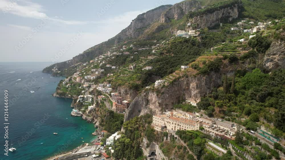 Aerial shot of Amalfi coast, view of sea and mountains Aerial shot of Amalfi coast, view of sea and mountains
