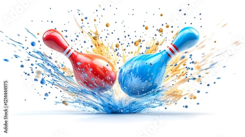 Red and blue bowling pins colliding in a splash of water and particles photo