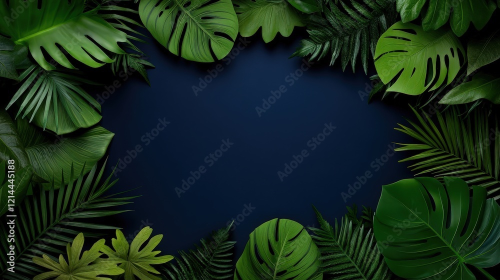 Tropical Leaf Frame: A vibrant arrangement of lush tropical leaves creates a circular frame against a deep blue background, evoking a sense of exotic paradise and tropical elegance. Tropical Leaf Frame: A vibrant arrangement of lush tropical leaves creates a circular frame against a deep blue background, evoking a sense of exotic paradise and tropical elegance.