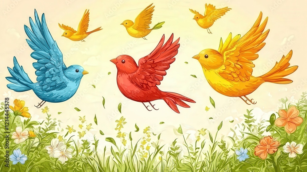 Colorful Birds Flying in the Sky with Vibrant Flowers and Greenery in a Beautiful Vector Illustration Colorful Birds Flying in the Sky with Vibrant Flowers and Greenery in a Beautiful Vector Illustration