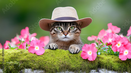 Cat with Stylish Hat Surrounded by Vibrant Pink Flowers in Nature