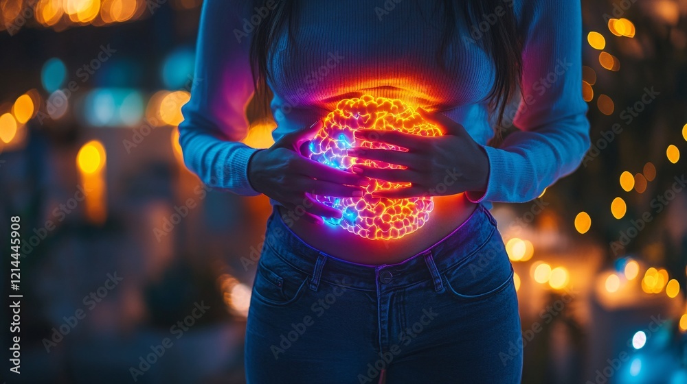 Obraz premium a woman holding her stomach, illuminated digestive system glowing in vibrant hues, emphasizing gut health and internal balance.
