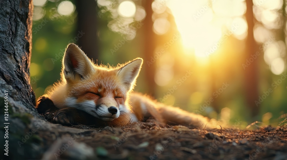 Fototapeta premium A serene fox sleeps soundly under the golden sunlight filtering through the trees, capturing a moment of tranquility in a beautiful forest setting.