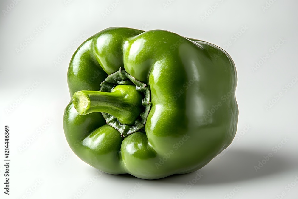 A single, vibrant green bell pepper on a plain white background. A single, vibrant green bell pepper on a plain white background.