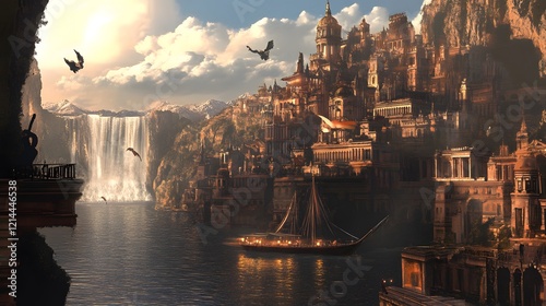 Wallpaper Mural Fantasy Cityscape   Ancient City by Waterfall  Sailboat at Sunset Torontodigital.ca