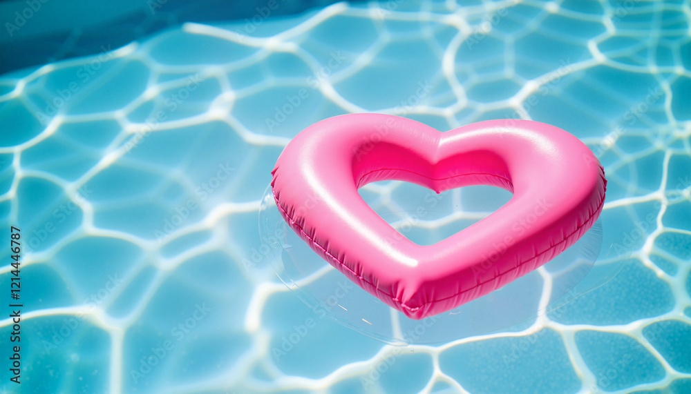 Pink heart-shaped pool float in sunny backyard, summer vibes Pink heart-shaped pool float in sunny backyard, summer vibes