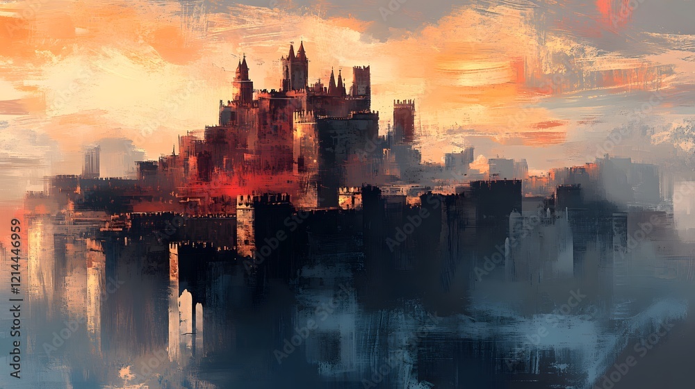 Naklejka premium Sunset Cityscape Majestic Castle Painting