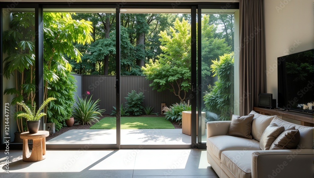 Fototapeta premium Indoor sanctuary featuring glass doors, a plush white couch with brown cushions nestled beside elegant brown drapes. Serene ambiance perfect for relaxation