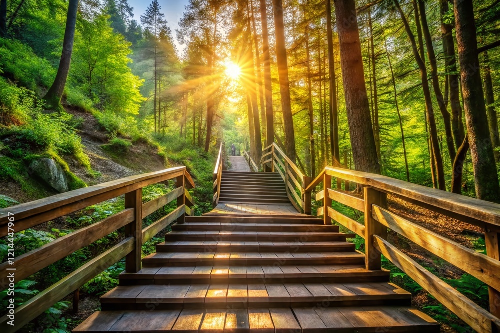 Majestic Mountain Hiking Trail: Wooden Staircase & Railings in Summer Forest Majestic Mountain Hiking Trail: Wooden Staircase & Railings in Summer Forest