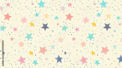 A colorful and cheerful pattern of hand-drawn stars on a pale yellow background.