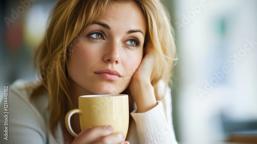 A businesswoman holding a coffee mug, deep in thought at her desk