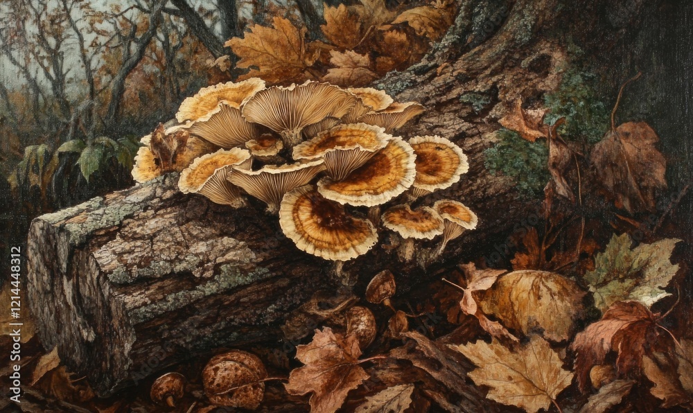 Craterellus cornucopioides on a tree trunk, autumn leaves, wood grain, forest floor Craterellus cornucopioides on a tree trunk, autumn leaves, wood grain, forest floor