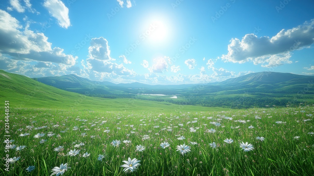 Obraz premium Sunny meadow, mountain view, daisies, idyllic landscape, travel