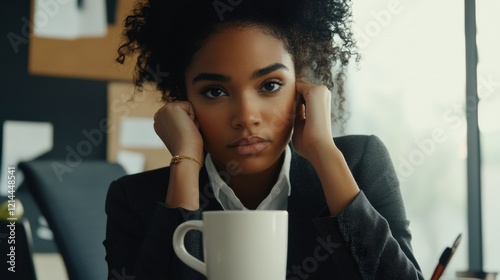 A businesswoman holding a coffee mug, deep in thought at her desk