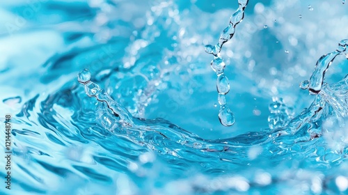 Water droplets splashing, creating ripples; blue background, pureness concept; ideal for health ads