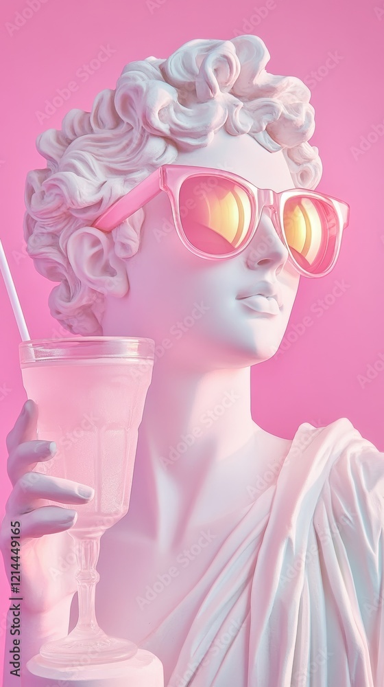 Marble statue wearing pink sunglasses, sipping cocktail against pastel background, embodying retro aesthetic with vaporwave-inspired styling