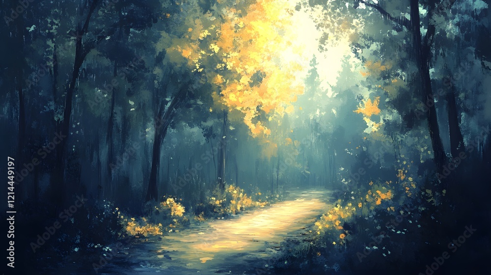 Magical Forest Path  Sunlit Trees  Yellow Flowers  Mystical Landscape