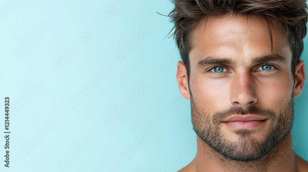 Obraz premium Confident man with striking blue eyes and tousled hair against soft background