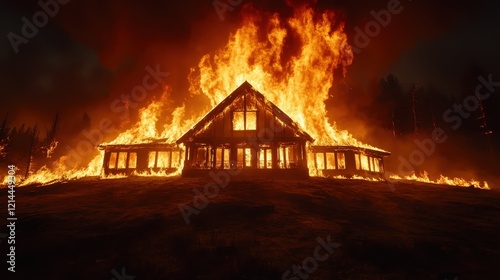 An intense inferno consuming a wooden structure against the night sky, highlighting the ferocity of nature’s power and the tragic loss of a once cherished place of warmth. photo