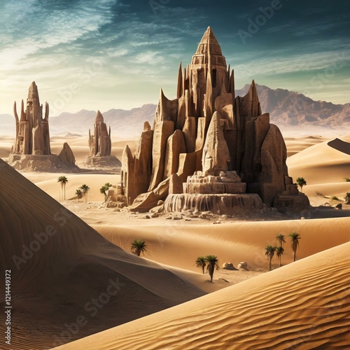 Desert where dunes partially cover ancient fantasy monuments photo