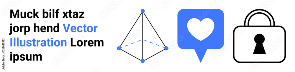 Geometric shape with dashed lines, blue heart notification bubble, black lock, accompanying text. Ideal for design, digital security, social media, user interface, online communication conceptual Geometric shape with dashed lines, blue heart notification bubble, black lock, accompanying text. Ideal for design, digital security, social media, user interface, online communication conceptual