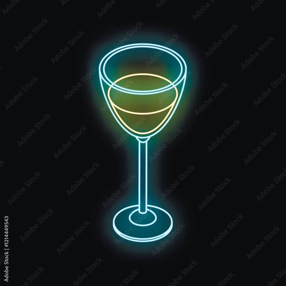 Isometric neon glass of white wine glowing on black background Isometric neon glass of white wine glowing on black background