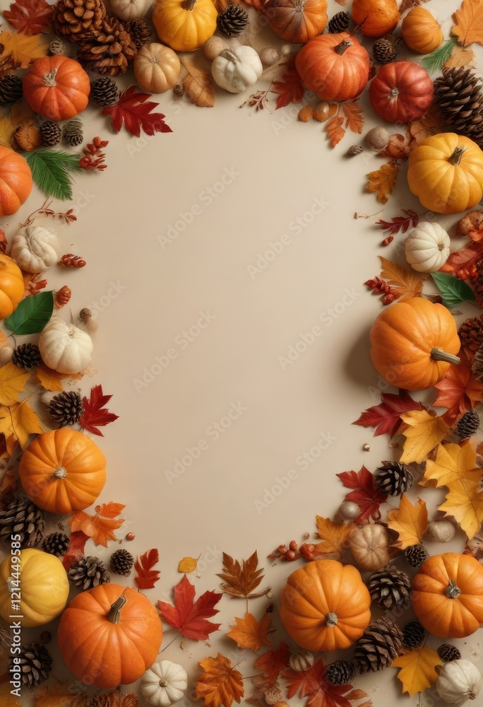 Autumn flat lay of pumpkins, pine cones, and colorful fallen leaves on a beige background, fall, color, leaf Autumn flat lay of pumpkins, pine cones, and colorful fallen leaves on a beige background, fall, color, leaf