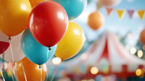 A vibrant collection of colorful balloons fills the air, setting a joyous atmosphere at a fun fair. Perfect for celebrations or party-themed projects.