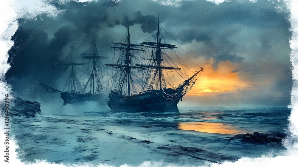 Fototapeta premium Dramatic Sunset Ancient Sailing Ships at Sea Coastal Scene