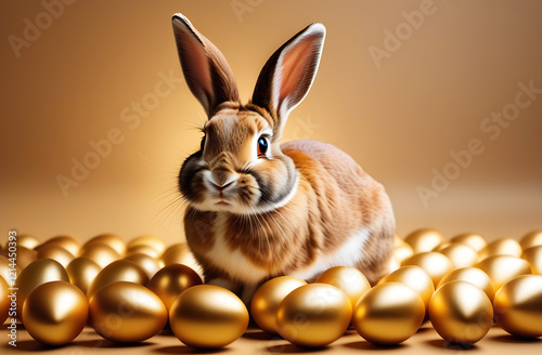 The Easter bunny and golden eggs on a beige background. An Easter card.