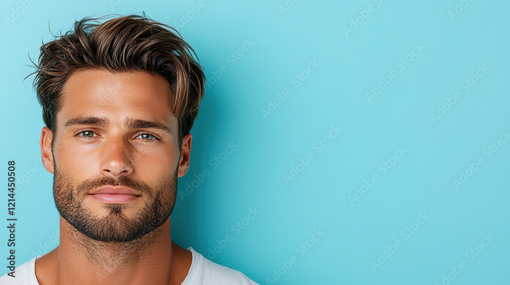 Strong jawline man with stylish hair against blue background Strong jawline man with stylish hair against blue background