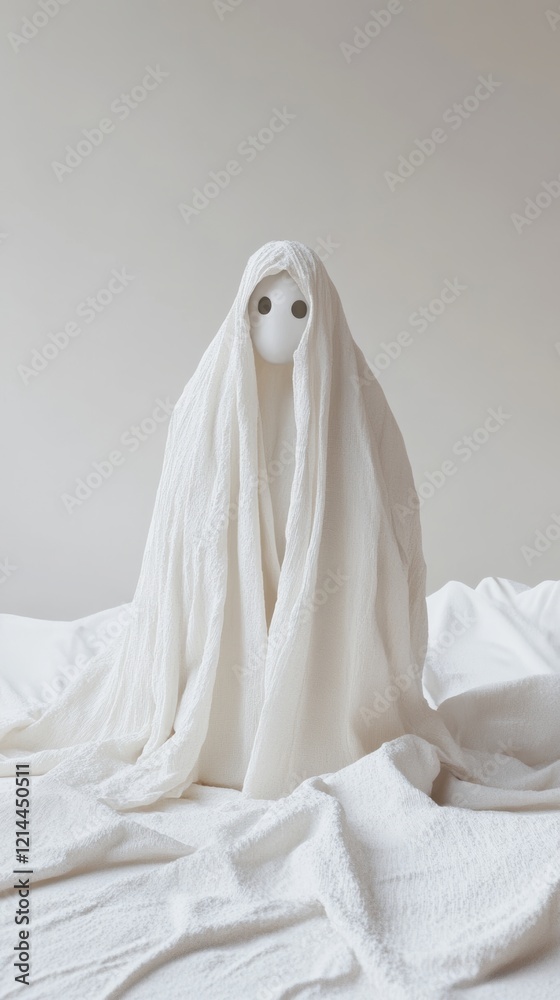 Ghostly figure draped in white sheet, hovering over minimalist white bed, evoking haunting Halloween atmosphere Ghostly figure draped in white sheet, hovering over minimalist white bed, evoking haunting Halloween atmosphere