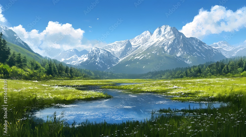 Serene Mountain Meadow Landscape River Flowers Sky Serene Mountain Meadow Landscape River Flowers Sky