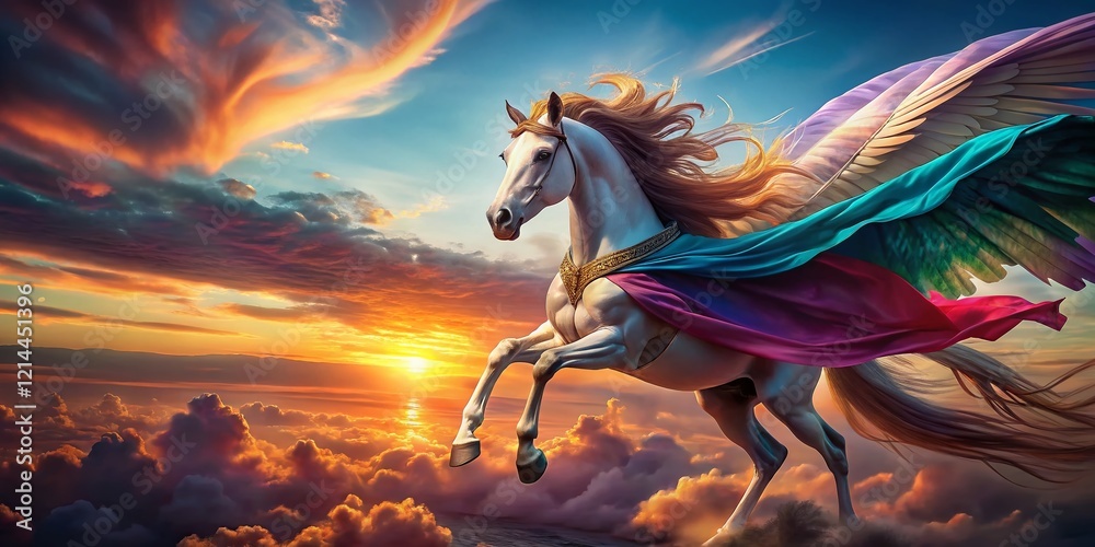 Obraz premium Majestic Pegasus Soaring Sunset: Fantasy Fashion Photography