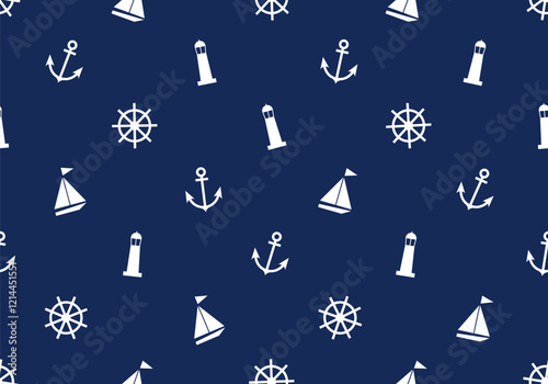 Maritime Nautical sea ocean tile background repeat wallpaper. Anchor Seamless pattern. Vector of Anchors, lighthouse, boat pattern for wallpaper, fabric clothes, gift wrap paper ,web page background