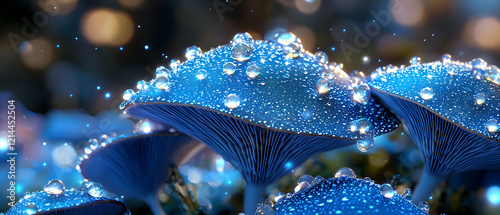 Enchanting blue mushrooms glimmering with drops of water in a mystical forest atmosphere
