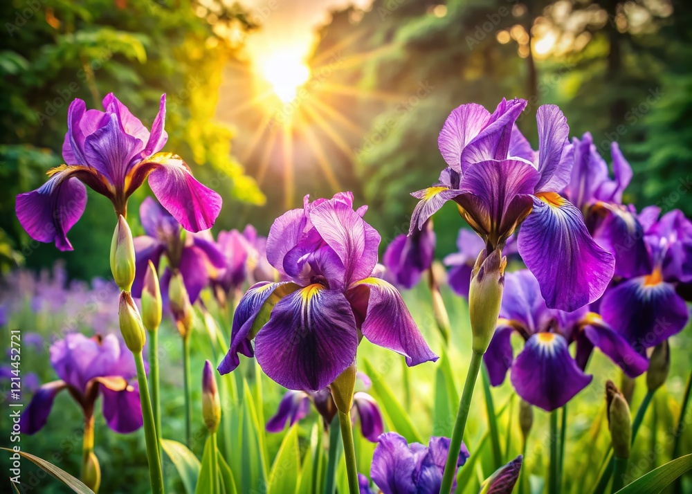 Majestic Purple Irises Basking in Golden Sunlight - Serene Garden Bloom