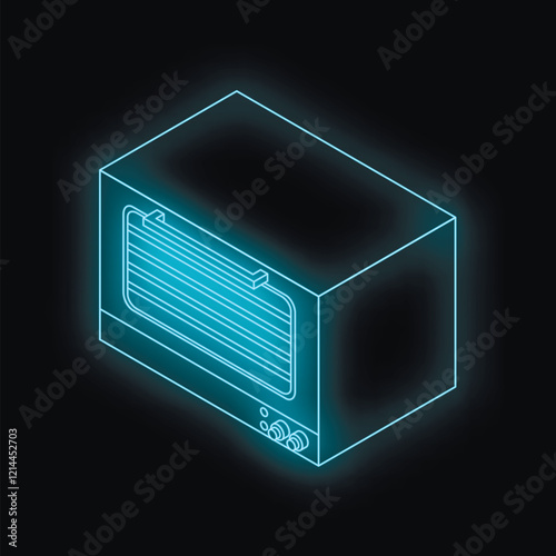 Neon blue microwave oven outline glowing on black background, isometric projection