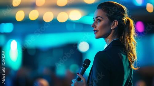 A confident businesswoman addressing a televised audience during a business event
