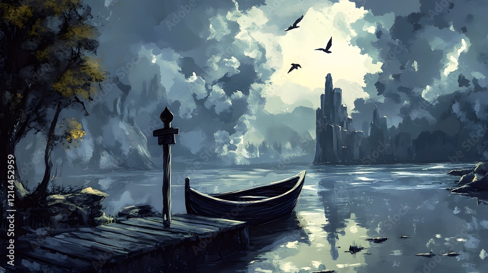 Obraz premium Serene Lake Misty Mountains Rowboat Fantasy Landscape