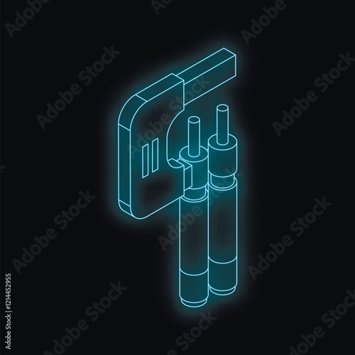 Neon blue isometric e cigarette charging with its case, vaping and technology concept