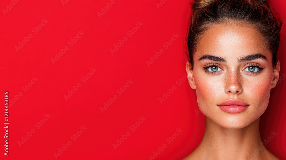 Naklejka premium close up of woman with striking features against vibrant red background