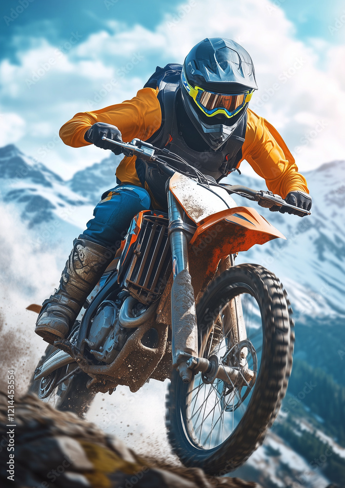 Motocross biker mid-air during a jump over rugged mountain terrain, dust flying and intense motion captured