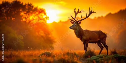 Majestic Red Deer Stag Silhouette at Rutting Season in European Forest - Wildlife Photography