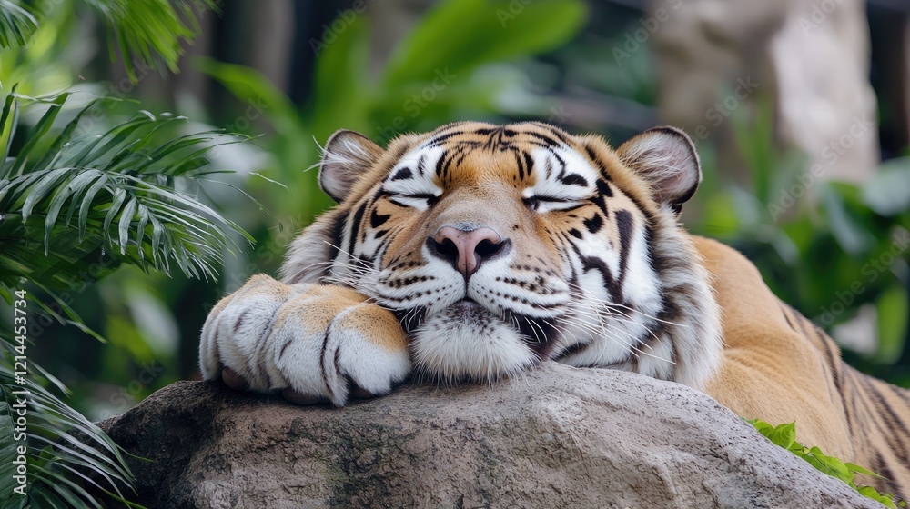 Obraz premium Sleeping tiger resting on rock, lush greenery background; wildlife, nature photography