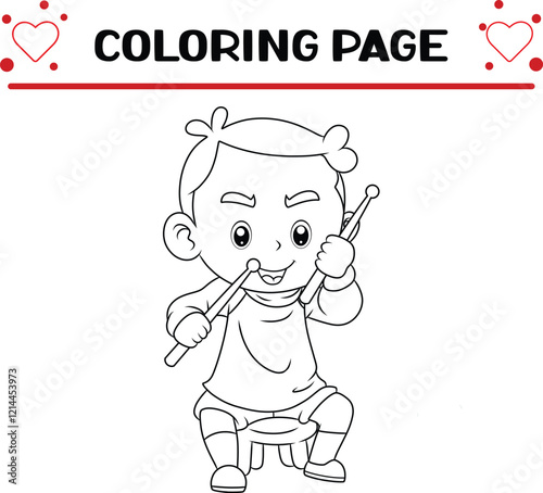 excited boy is holding drum stick coloring page for kids