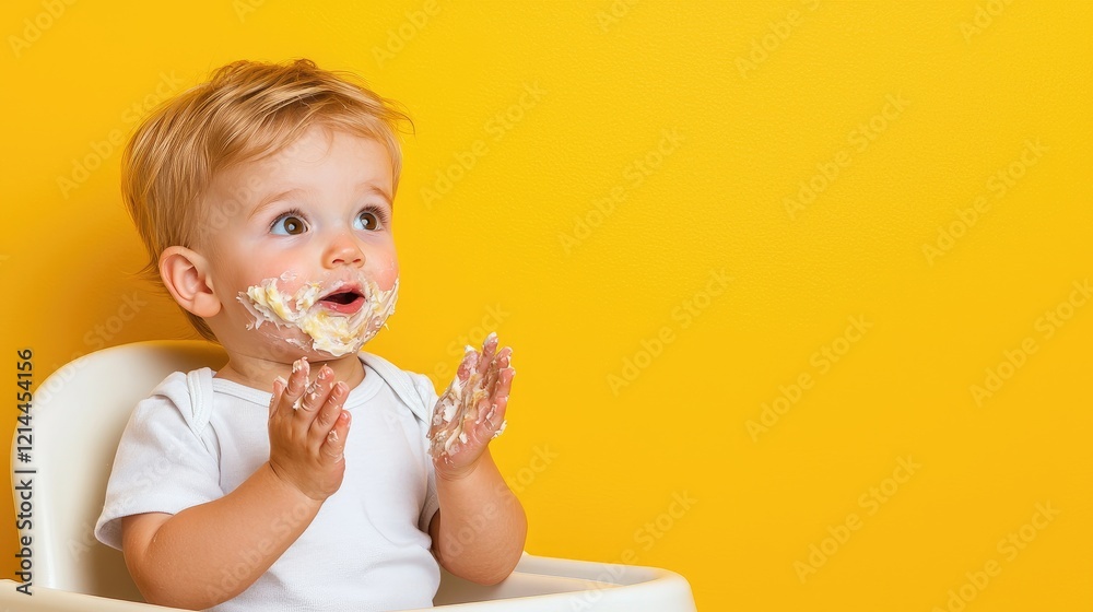 Messy baby eating in highchair, yellow background, food fun Messy baby eating in highchair, yellow background, food fun