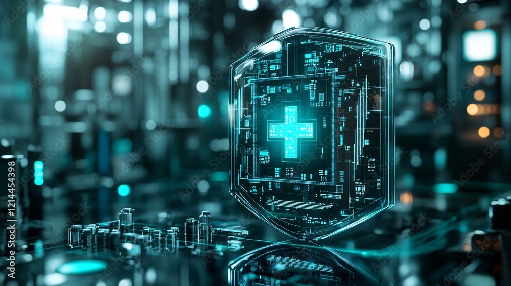 Fototapeta premium High-tech medical shield design with integrated circuits and holographic glow, illustrating modern health security and digital innovation.
