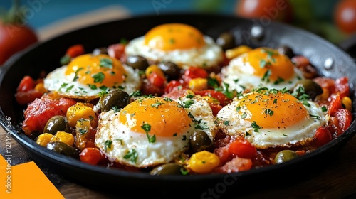 Sunny-side up eggs, vegetable skillet, kitchen, breakfast photo