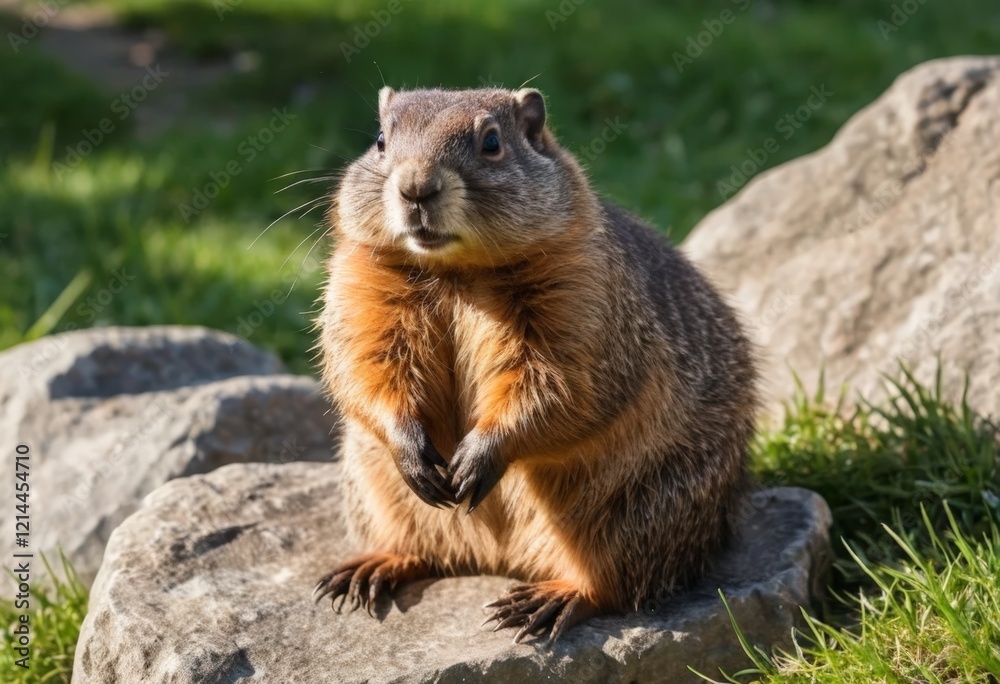 A fluffy groundhog sits atop a rock, looking playful against a lush green background. Great for wildlife photography, nature projects, and animal engagement themes